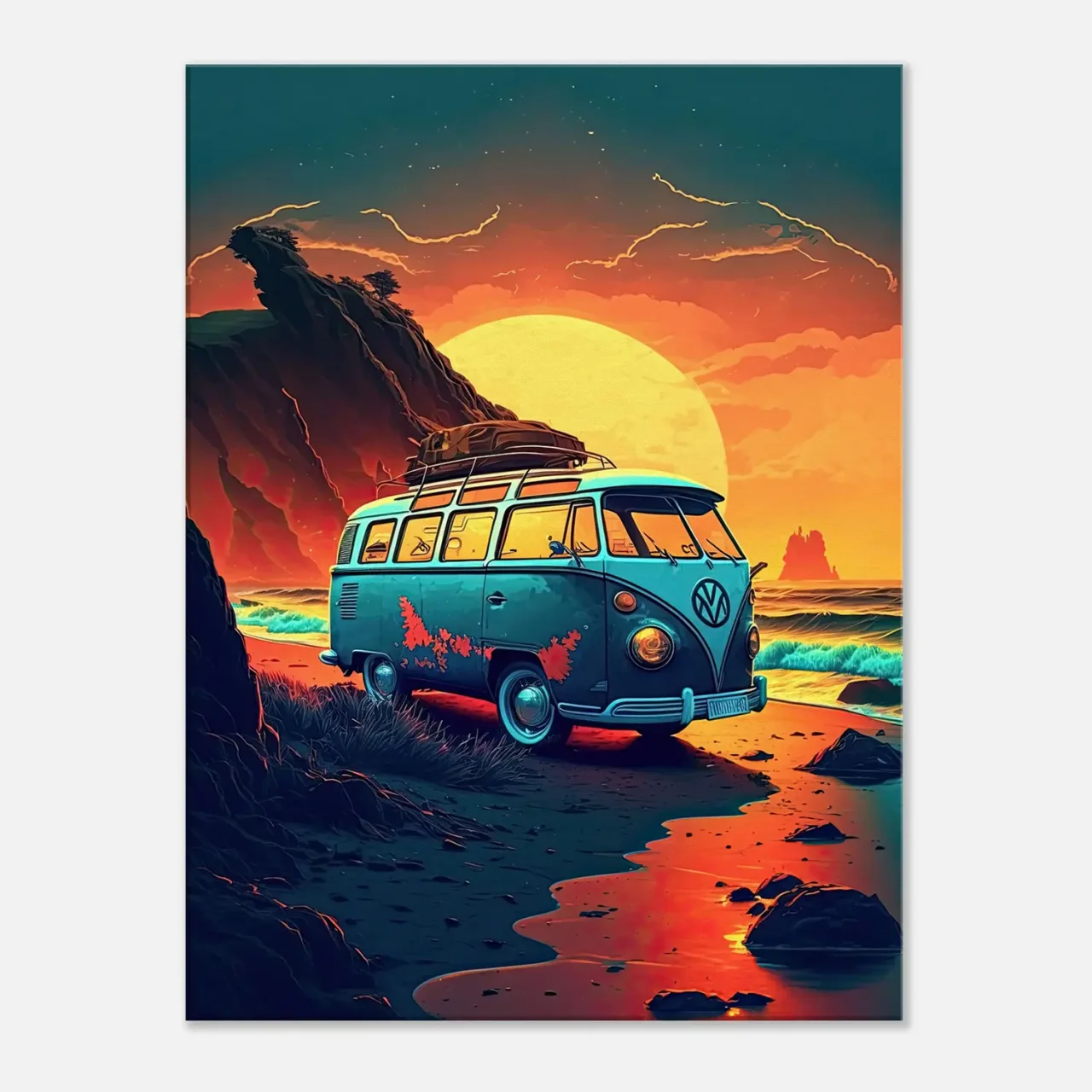 van au coucher de soleil sur la plage