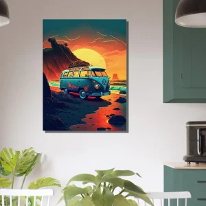 van au coucher de soleil sur la plage