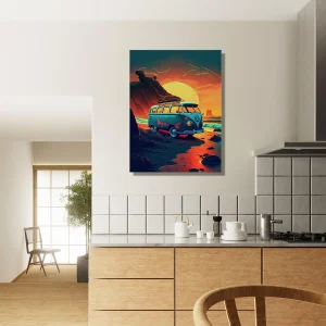 van au coucher de soleil sur la plage