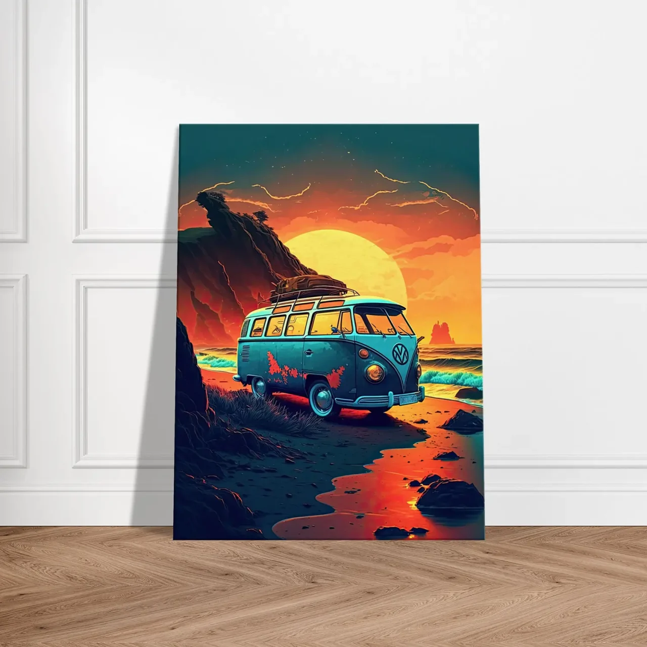 van au coucher de soleil sur la plage