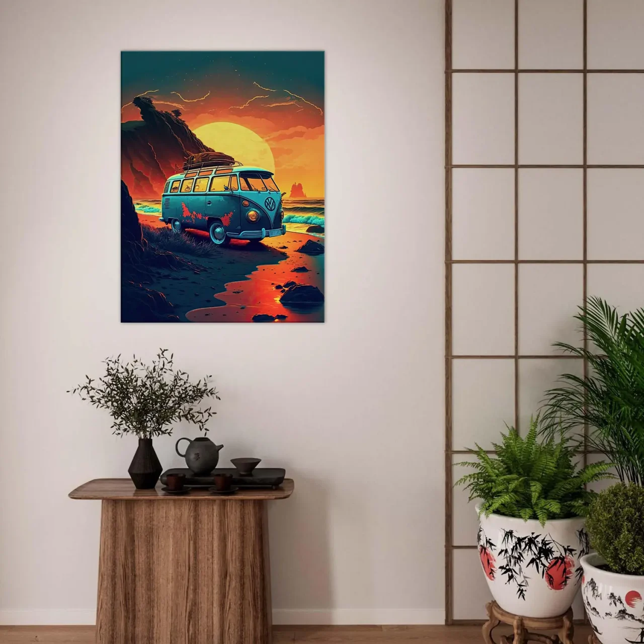 van au coucher de soleil sur la plage