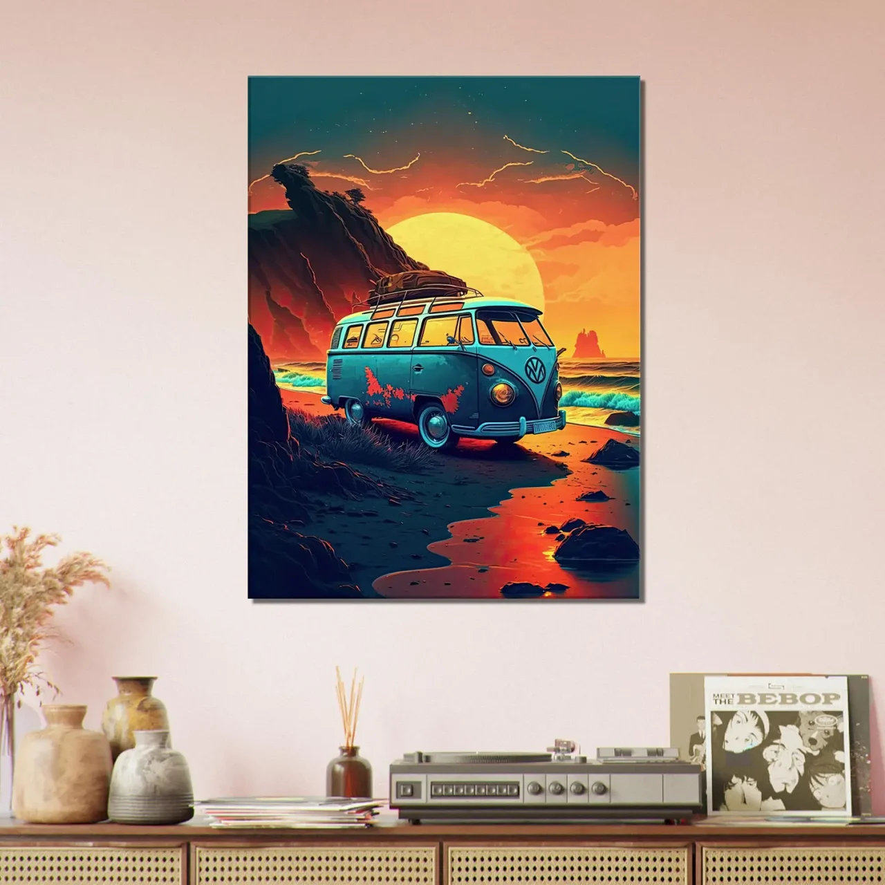 van au coucher de soleil sur la plage