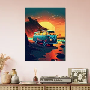 van au coucher de soleil sur la plage