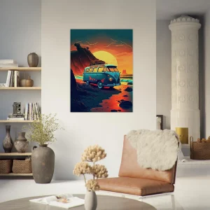 van au coucher de soleil sur la plage