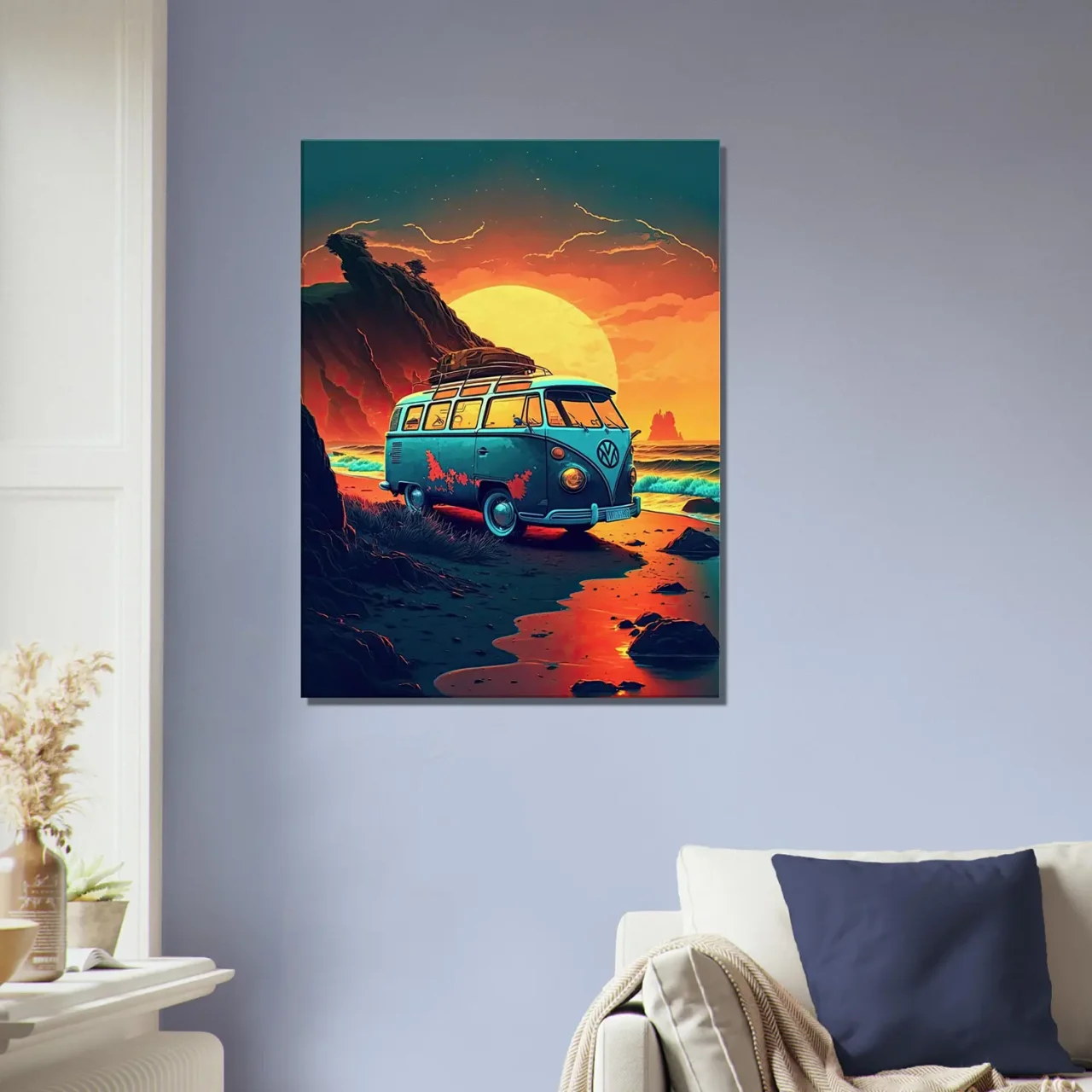 van au coucher de soleil sur la plage