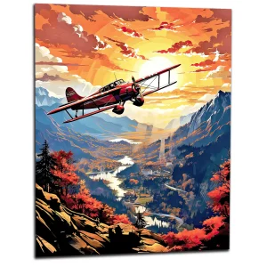 Vieil avion rouge survolant la vallée
