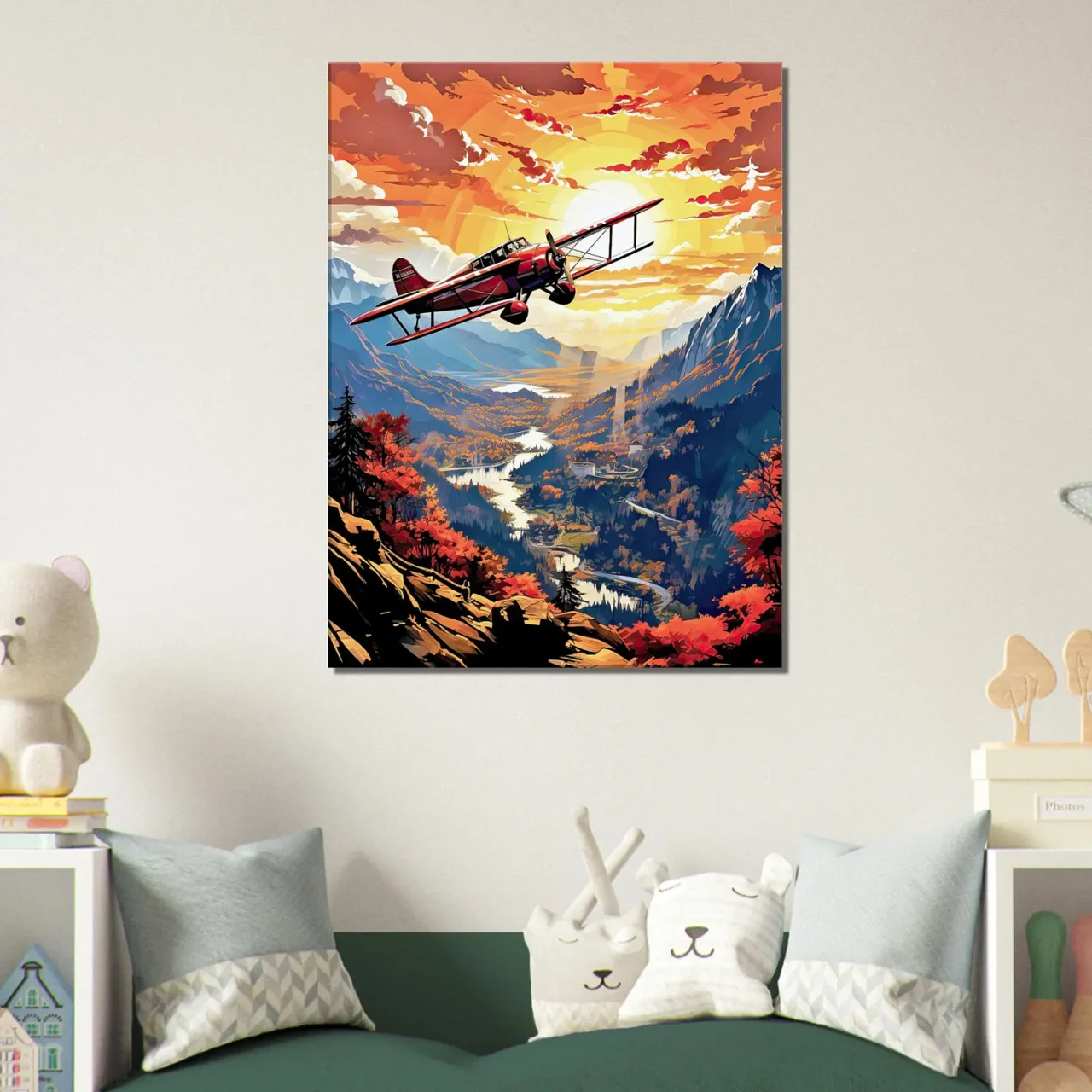 Cadre Vieil avion rouge survolant la vallée vieil avion rouge survolant la vallée