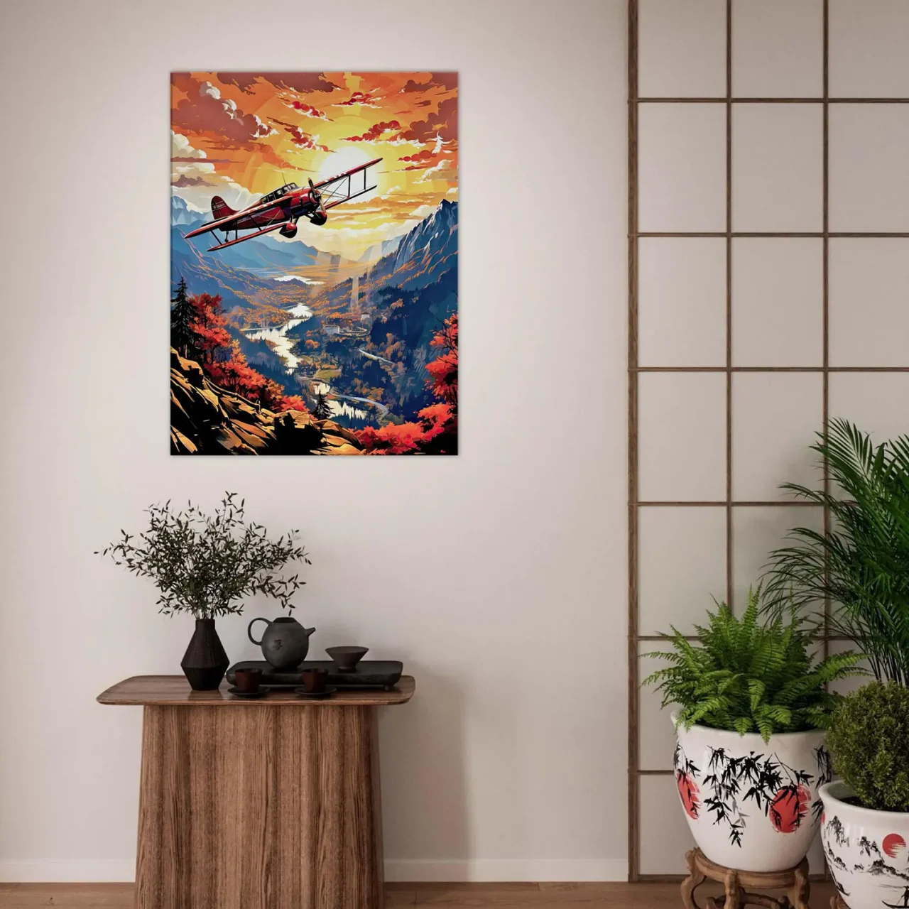 Cadre Vieil avion rouge survolant la vallée vieil avion rouge survolant la vallée