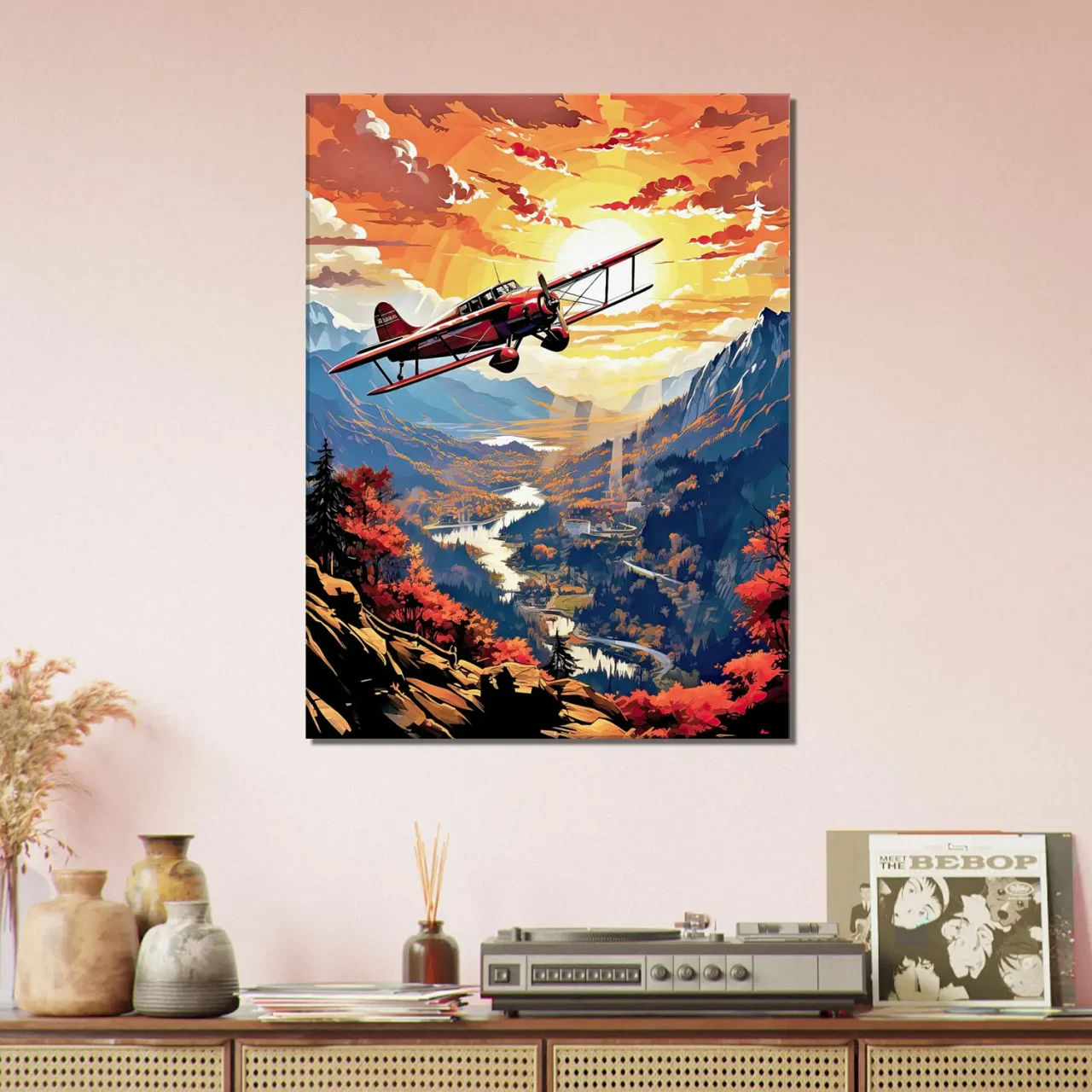 Cadre Vieil avion rouge survolant la vallée vieil avion rouge survolant la vallée