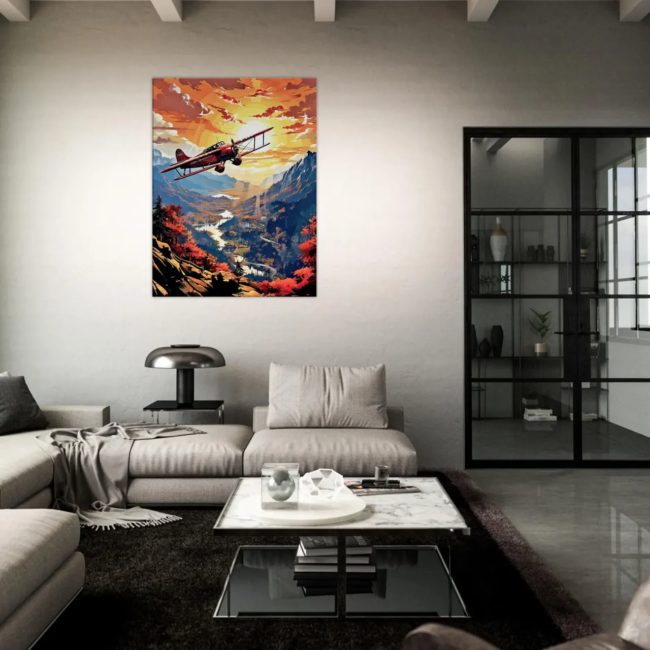 Cadre Vieil avion rouge survolant la vallée vieil avion rouge survolant la vallée