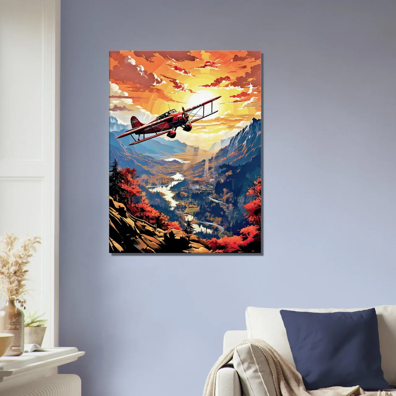 Cadre Vieil avion rouge survolant la vallée vieil avion rouge survolant la vallée