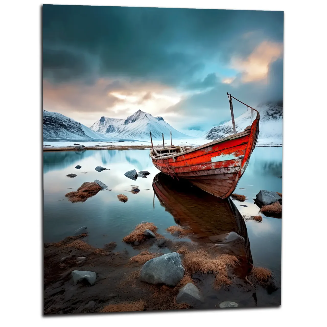 bateau rouge dans paysage glacial