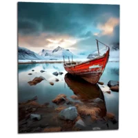 Cadre mural Bateau rouge dans paysage glacial bateau rouge dans paysage glacial