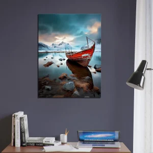 bateau rouge dans paysage glacial