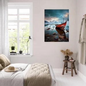 bateau rouge dans paysage glacial