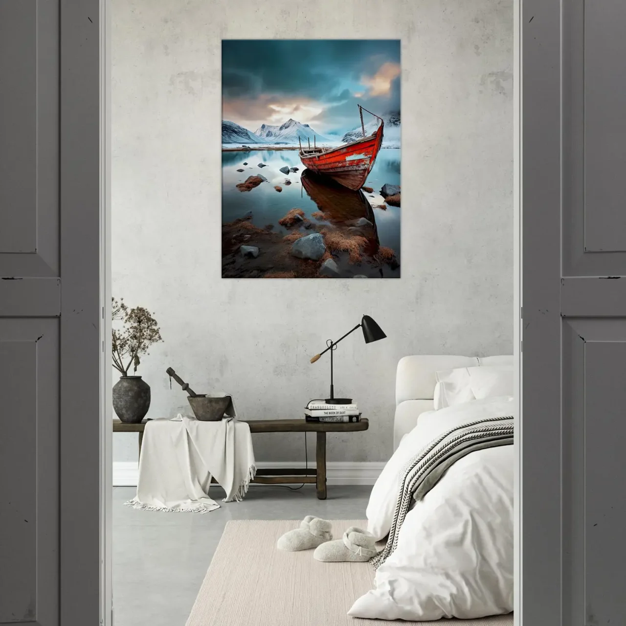 bateau rouge dans paysage glacial