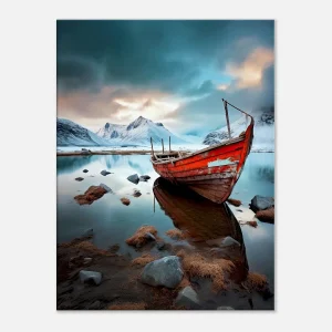 bateau rouge dans paysage glacial
