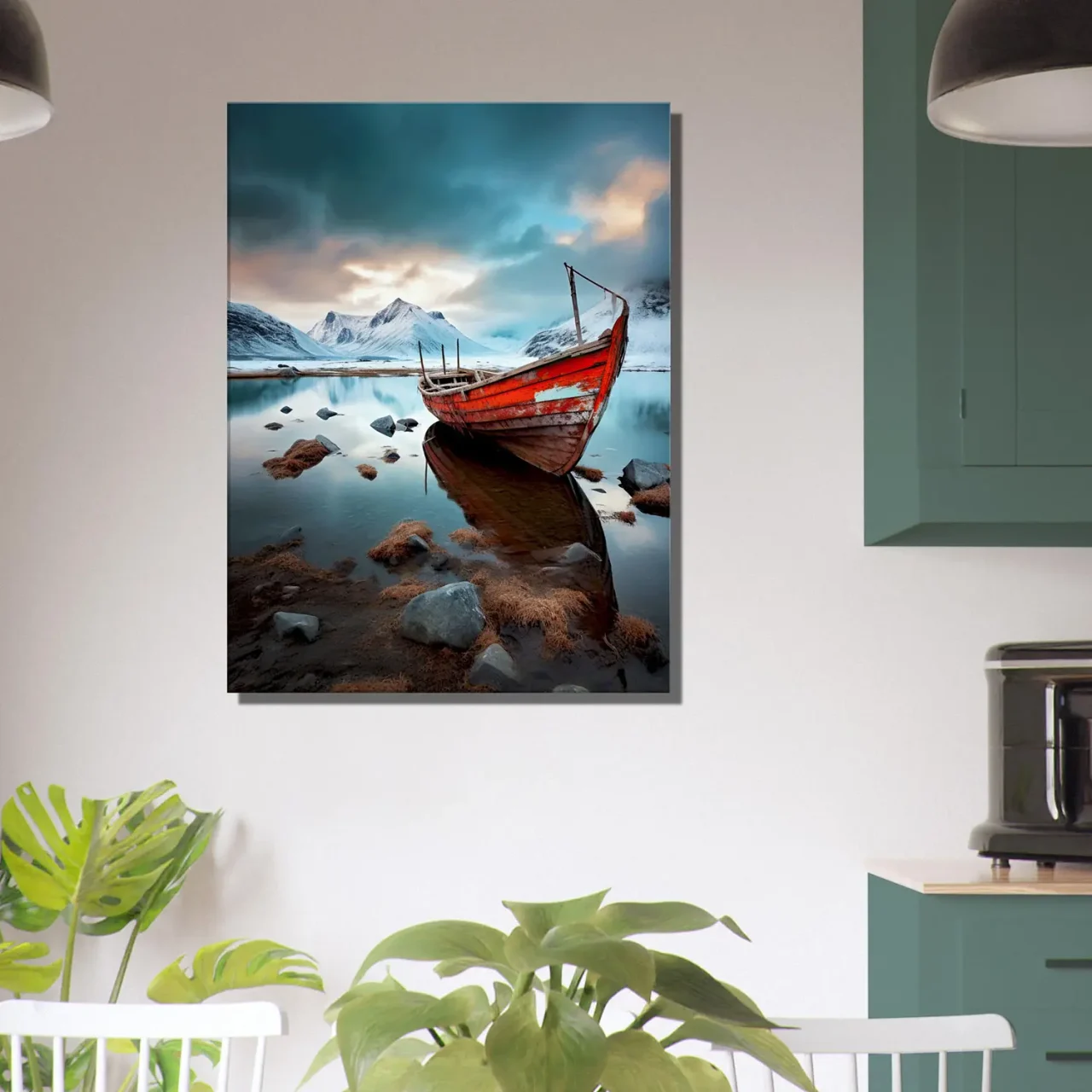 bateau rouge dans paysage glacial