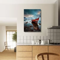 Cadre mural Bateau rouge dans paysage glacial bateau rouge dans paysage glacial