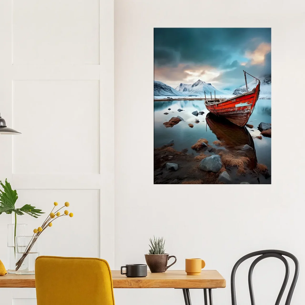 bateau rouge dans paysage glacial