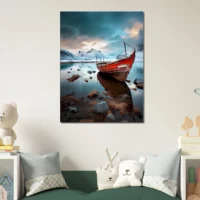 Cadre mural Bateau rouge dans paysage glacial bateau rouge dans paysage glacial