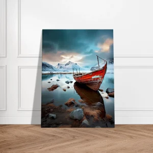 bateau rouge dans paysage glacial