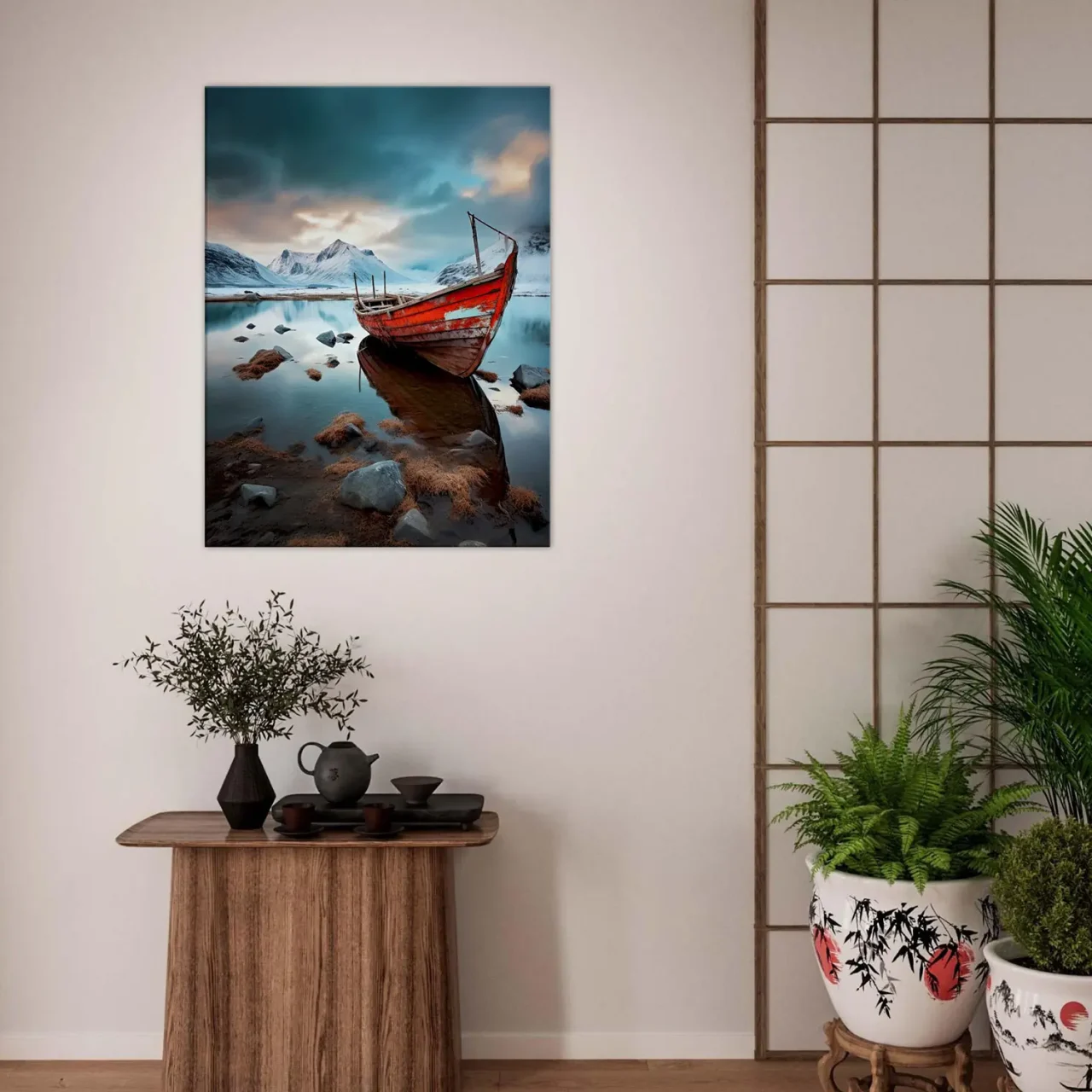 bateau rouge dans paysage glacial