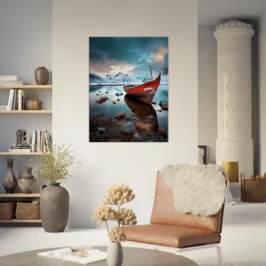 bateau rouge dans paysage glacial