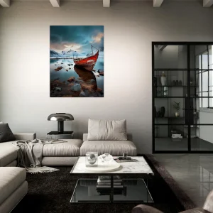 bateau rouge dans paysage glacial