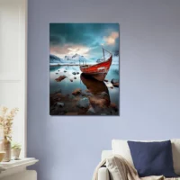 Cadre mural Bateau rouge dans paysage glacial bateau rouge dans paysage glacial