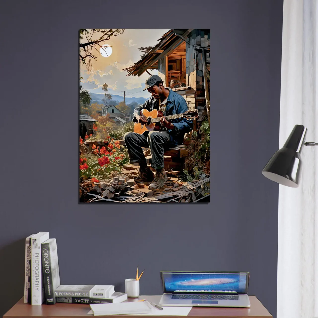 bluesman jouant de la guitaire sur son porche