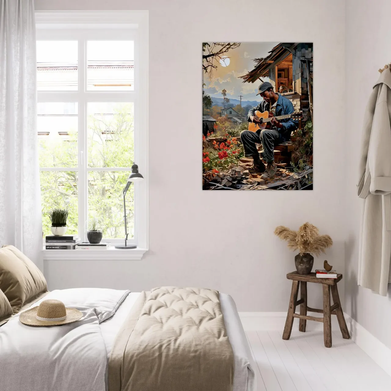 bluesman jouant de la guitaire sur son porche