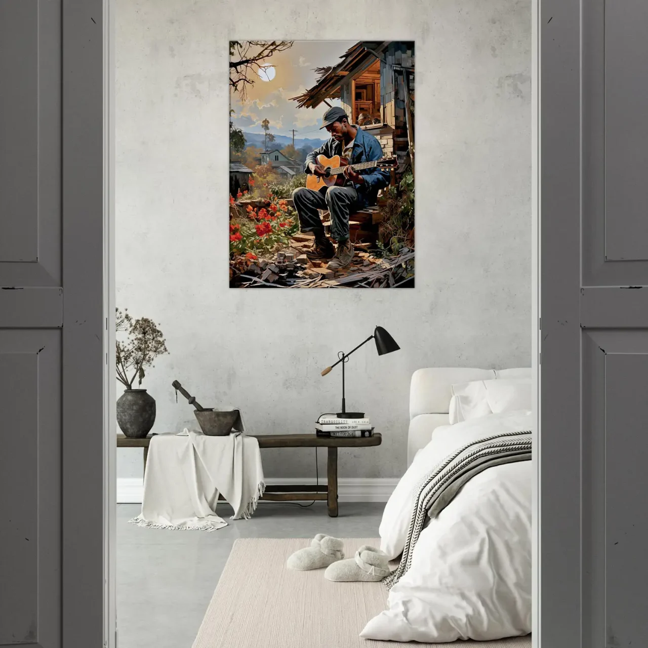 bluesman jouant de la guitaire sur son porche