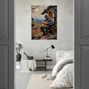 bluesman jouant de la guitaire sur son porche