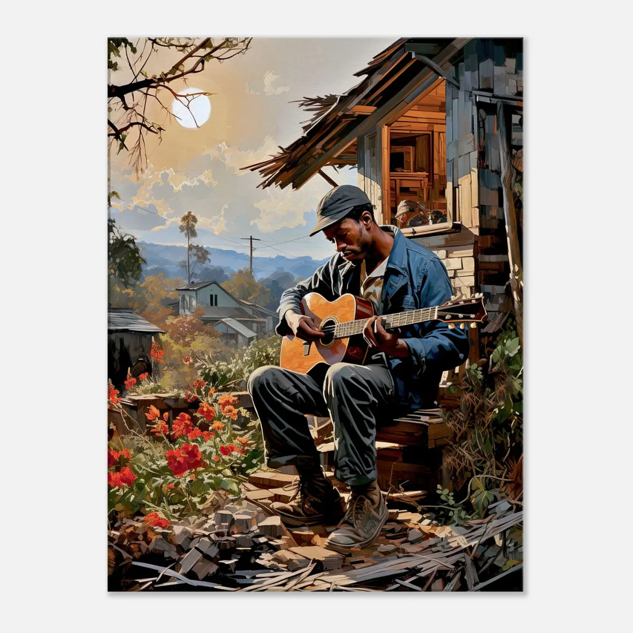 bluesman jouant de la guitaire sur son porche