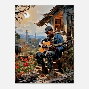 bluesman jouant de la guitaire sur son porche