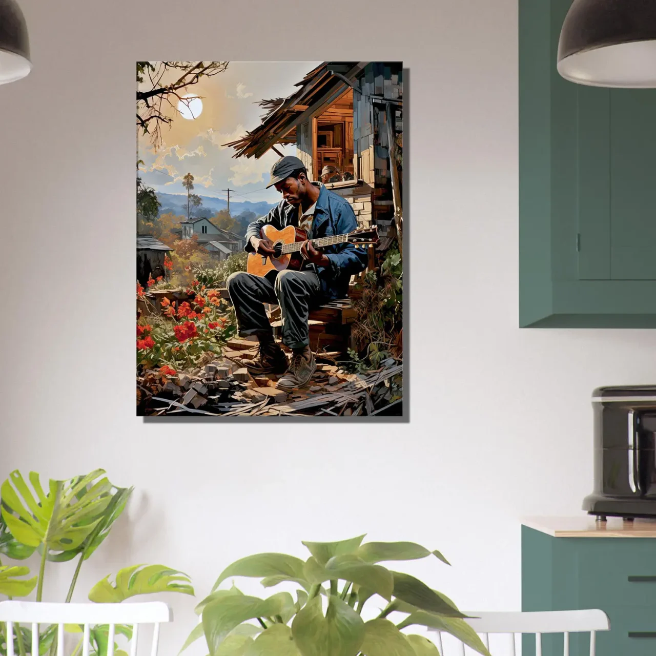 bluesman jouant de la guitaire sur son porche