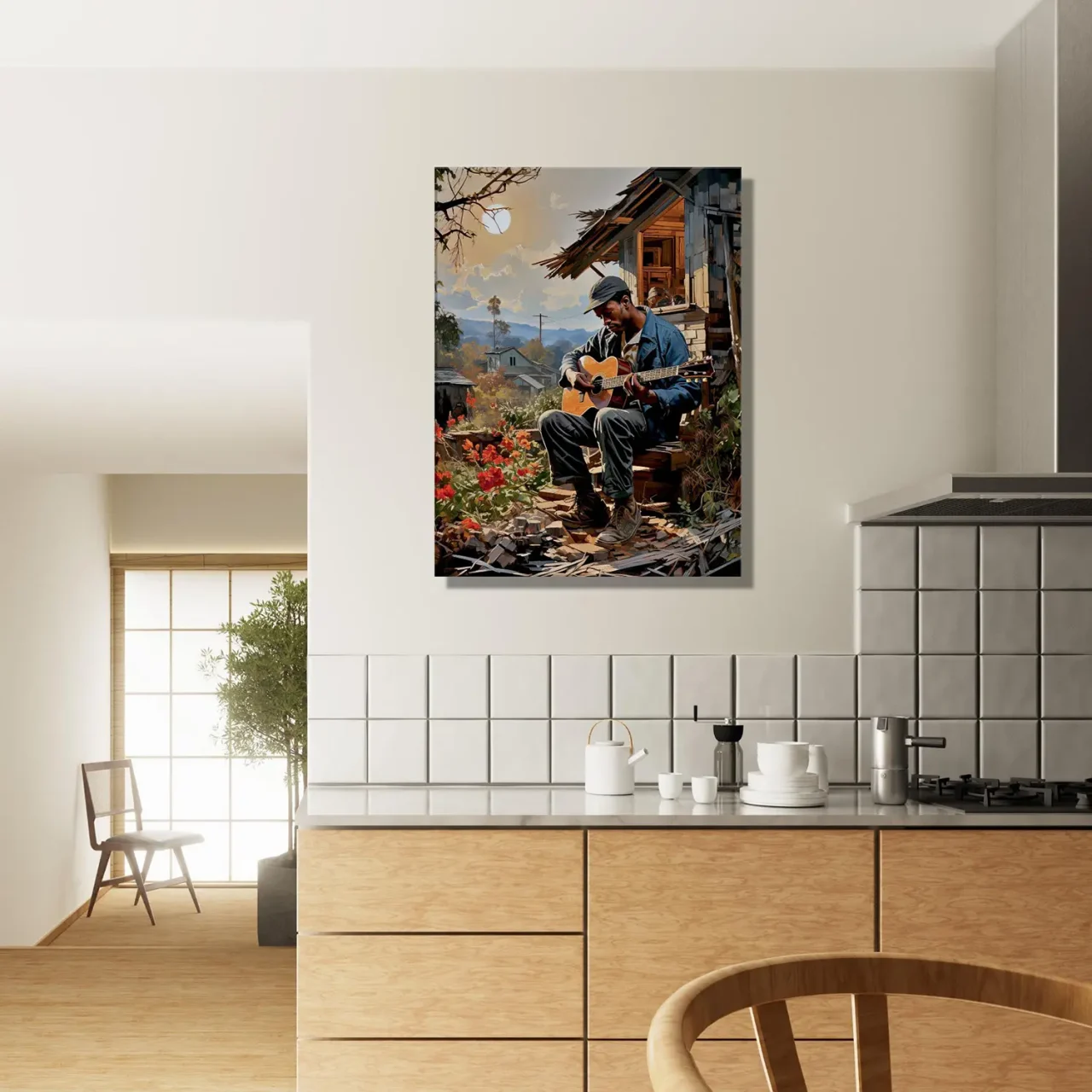 bluesman jouant de la guitaire sur son porche