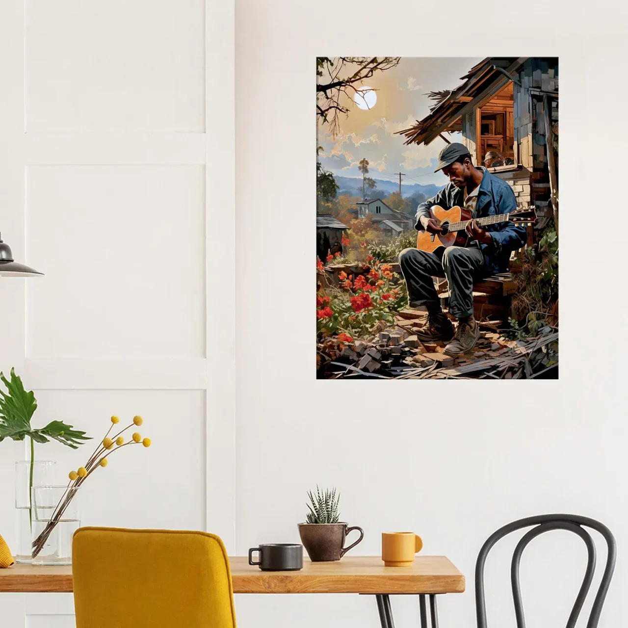 bluesman jouant de la guitaire sur son porche