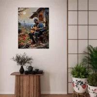 Cadre Bluesman jouant de la guitare sur son porche bluesman jouant de la guitaire sur son porche