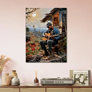 bluesman jouant de la guitaire sur son porche