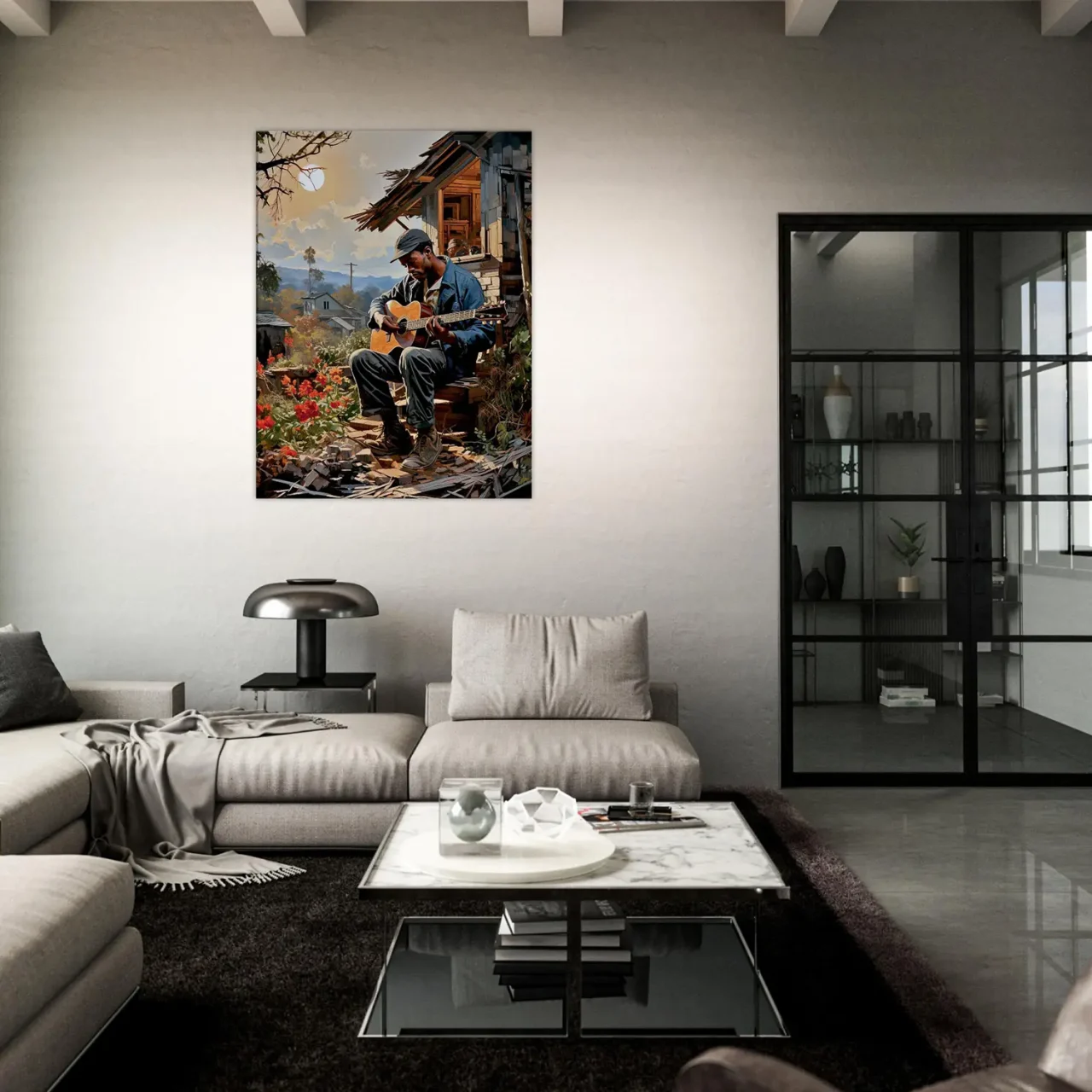 bluesman jouant de la guitaire sur son porche