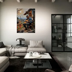 bluesman jouant de la guitaire sur son porche