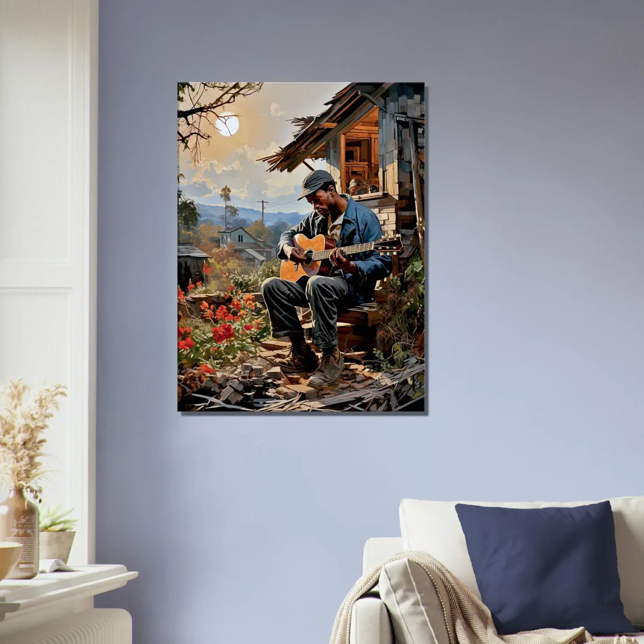 bluesman jouant de la guitaire sur son porche