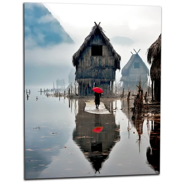 inondation en asie et parapluie rouge