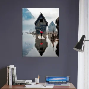 inondation en asie et parapluie rouge