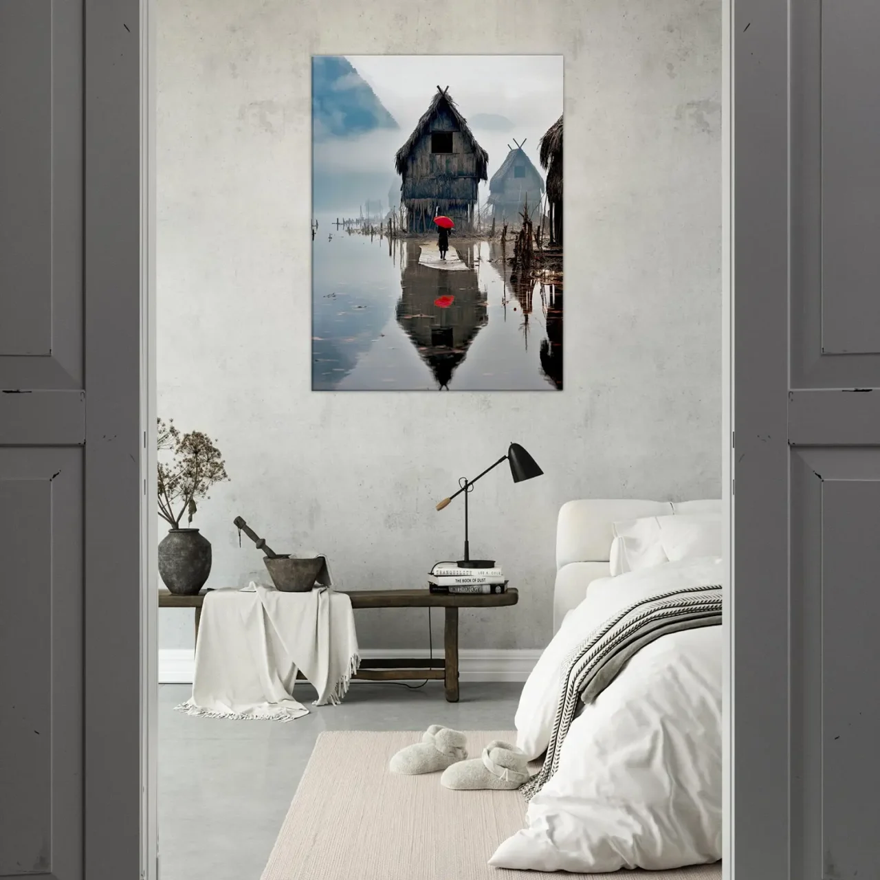 inondation en asie et parapluie rouge