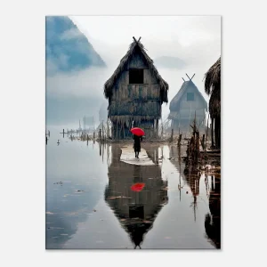inondation en asie et parapluie rouge