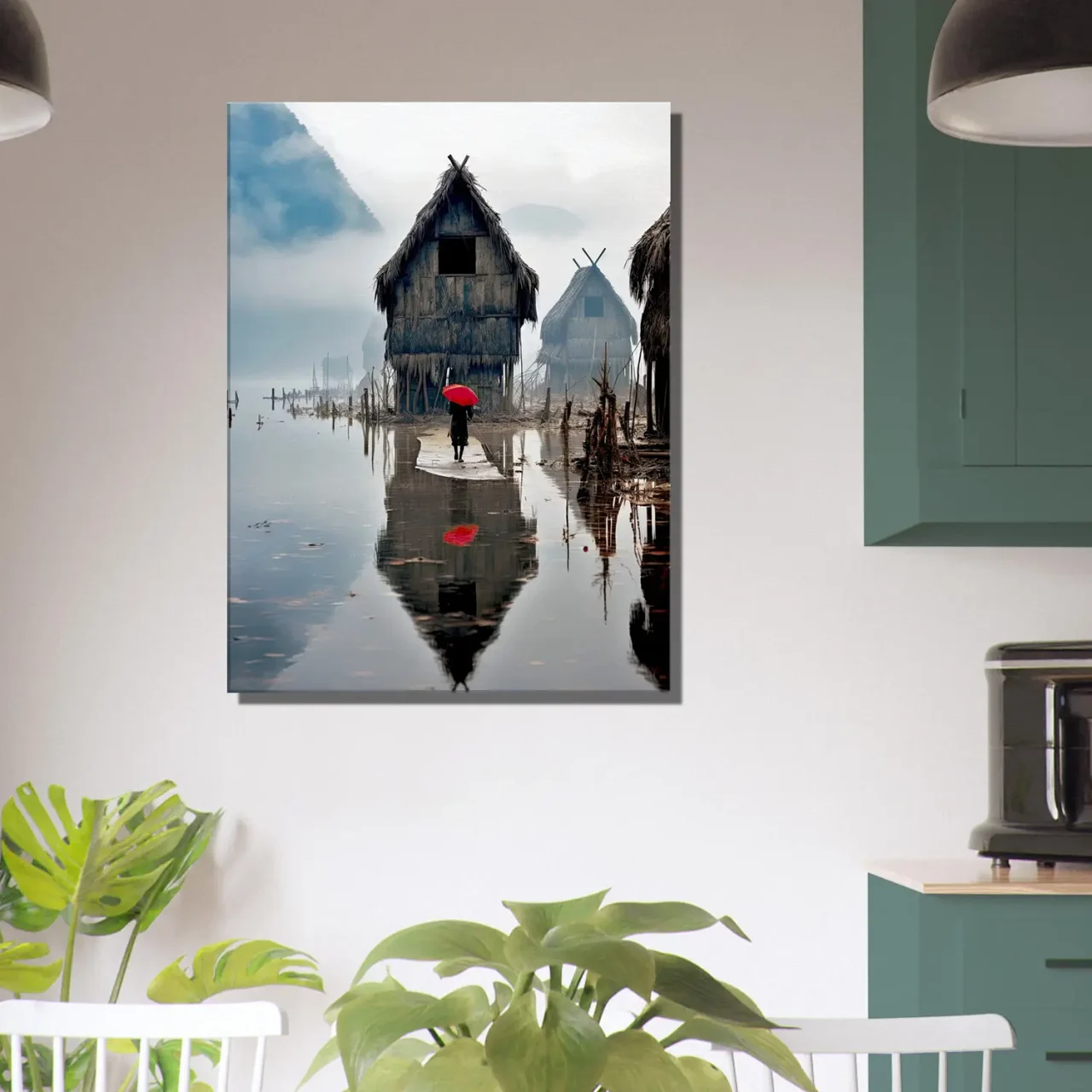 inondation en asie et parapluie rouge