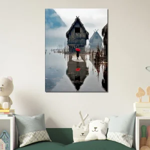 inondation en asie et parapluie rouge